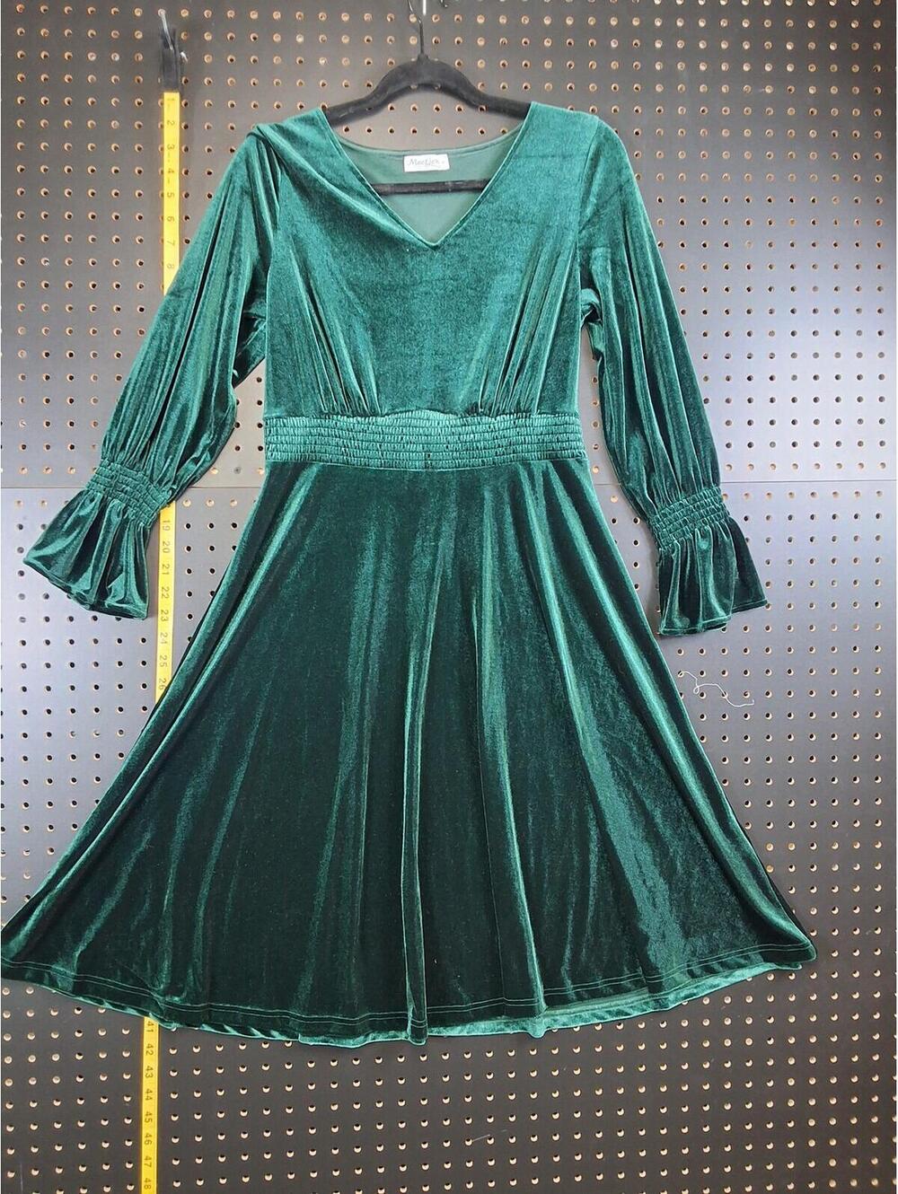 Green Velvet Dress with Smocked Waist & Flared Sleeve Large